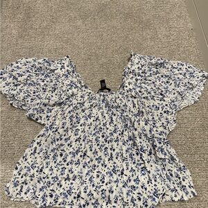 Aqua White Floral Puff-Sleeve Blouse with Blue Print